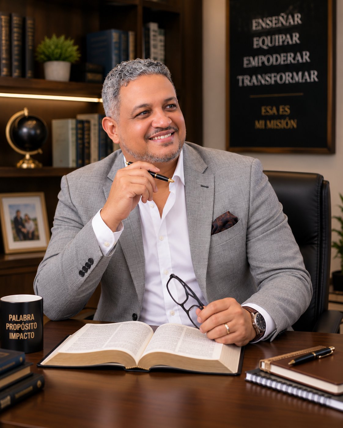Pastor Luigi García sonriendo en su oficina, con una Biblia abierta sobre el escritorio
