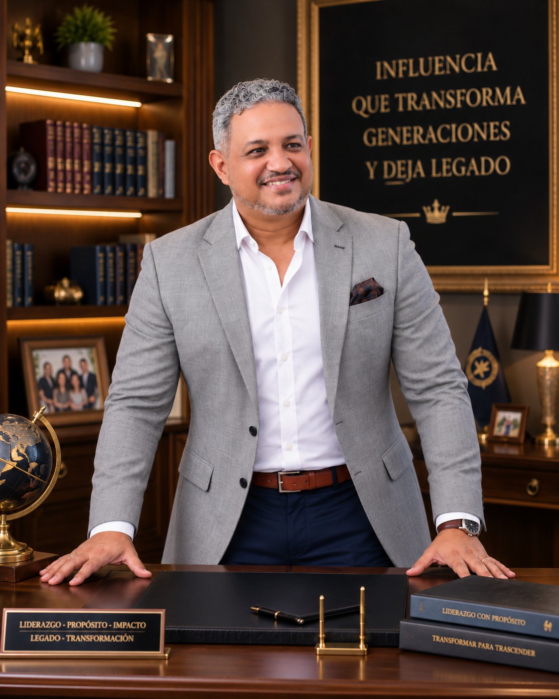 Pastor Luigi García de pie en su oficina, con chaqueta gris