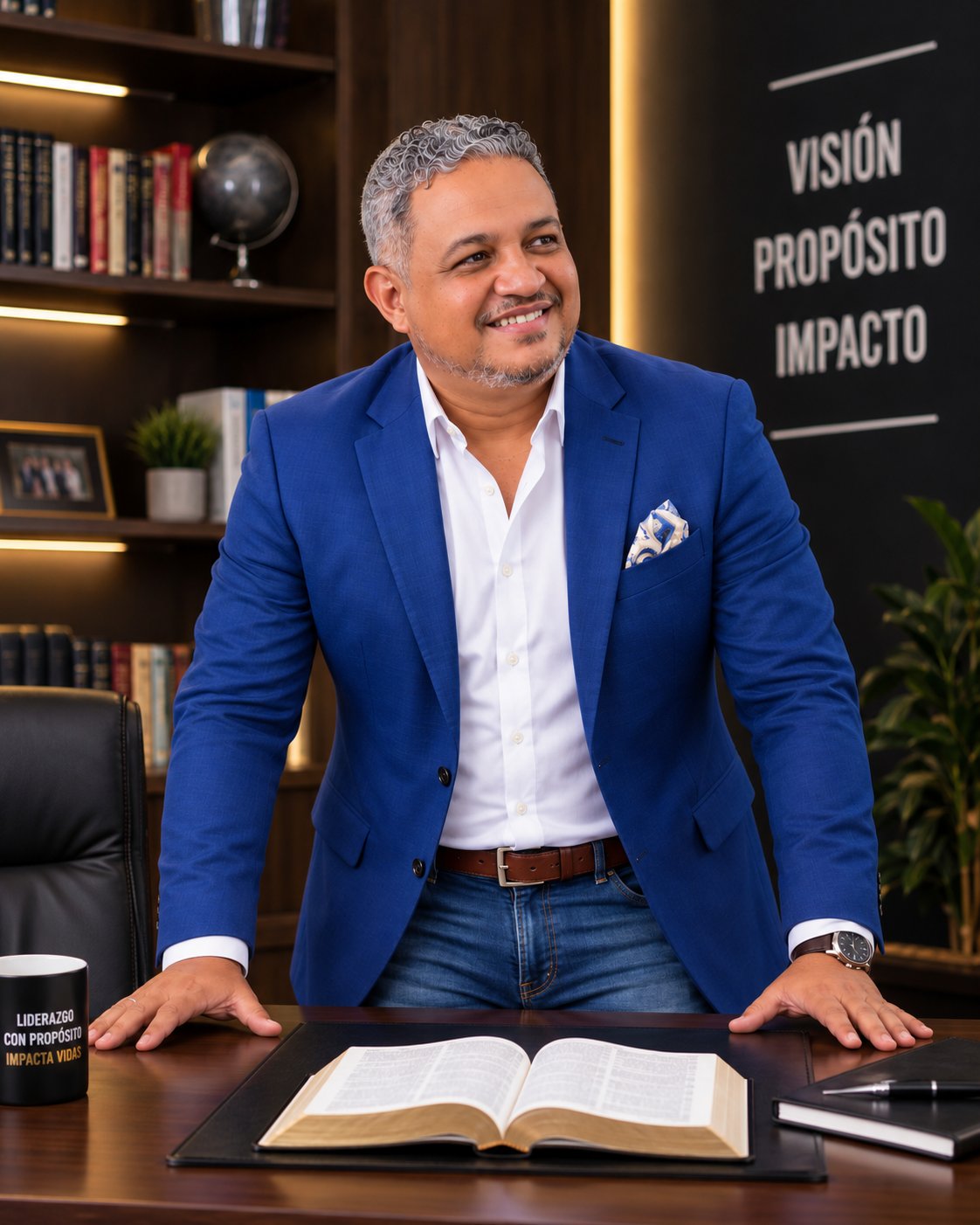 Pastor Luigi García con chaqueta azul en su oficina